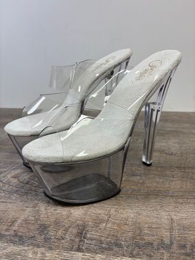 Pleaser SKY-302 Clear Platform Slide Heels Size 9